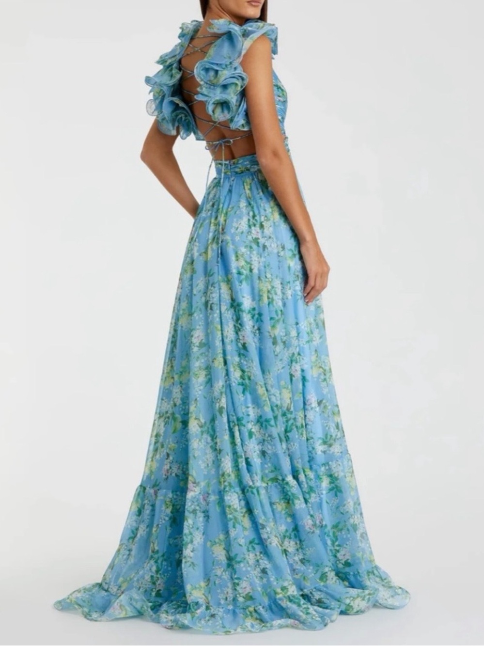 NWT Mac Duggal Blue Ruffle Tiered Floral Cut-Out Chiffon Gown reg $398 size 6 - Picture 9 of 16